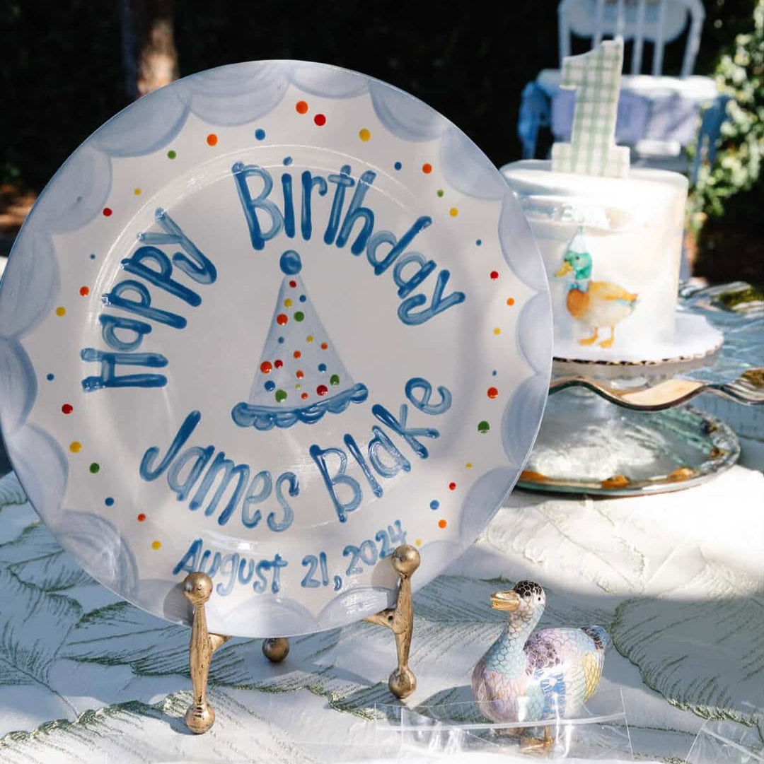 Custom Hand-Painted Ceramic Boy's Birthday Plate Party Hat & Colorful Dots | BHL002