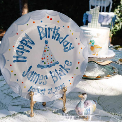 Custom Hand-Painted Ceramic Boy's Birthday Plate Party Hat & Colorful Dots | BHL002