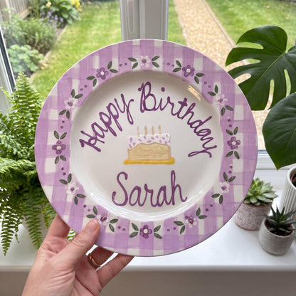 Custom Hand Painted Ceramic Birthday Plate, Lavender Gingham Floral Plate, Personalized Birthday Plate, First Birthday Gift Girl | B005