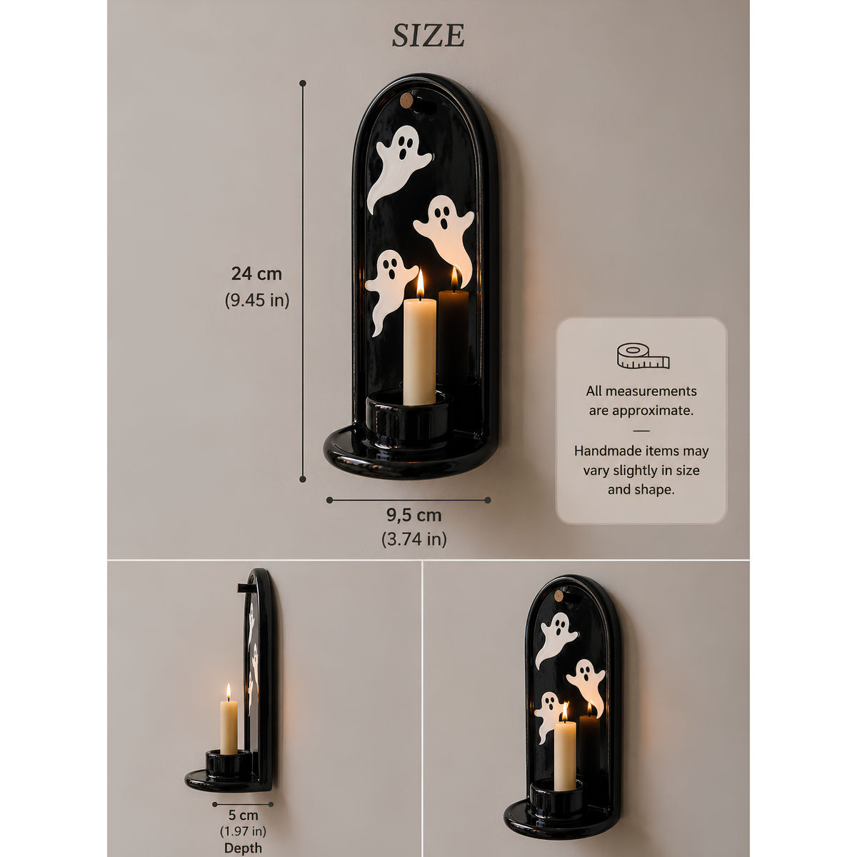Ghost Wall Candle Holder, Halloween Wall Sconce, Handmade Ceramic Taper Candle Holder, Black Gothic Wall Decor, Spooky Home Decor | LA133