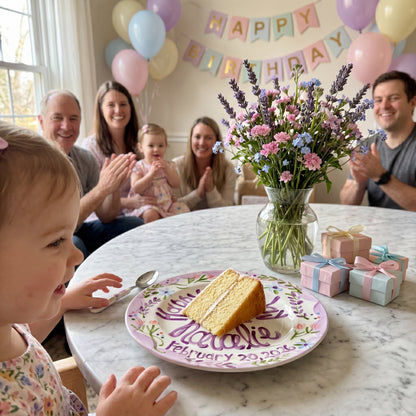 Custom Hand-Painted Birthday Plate Lavender Border Wildflowers, Heirloom Ceramic | BHL001