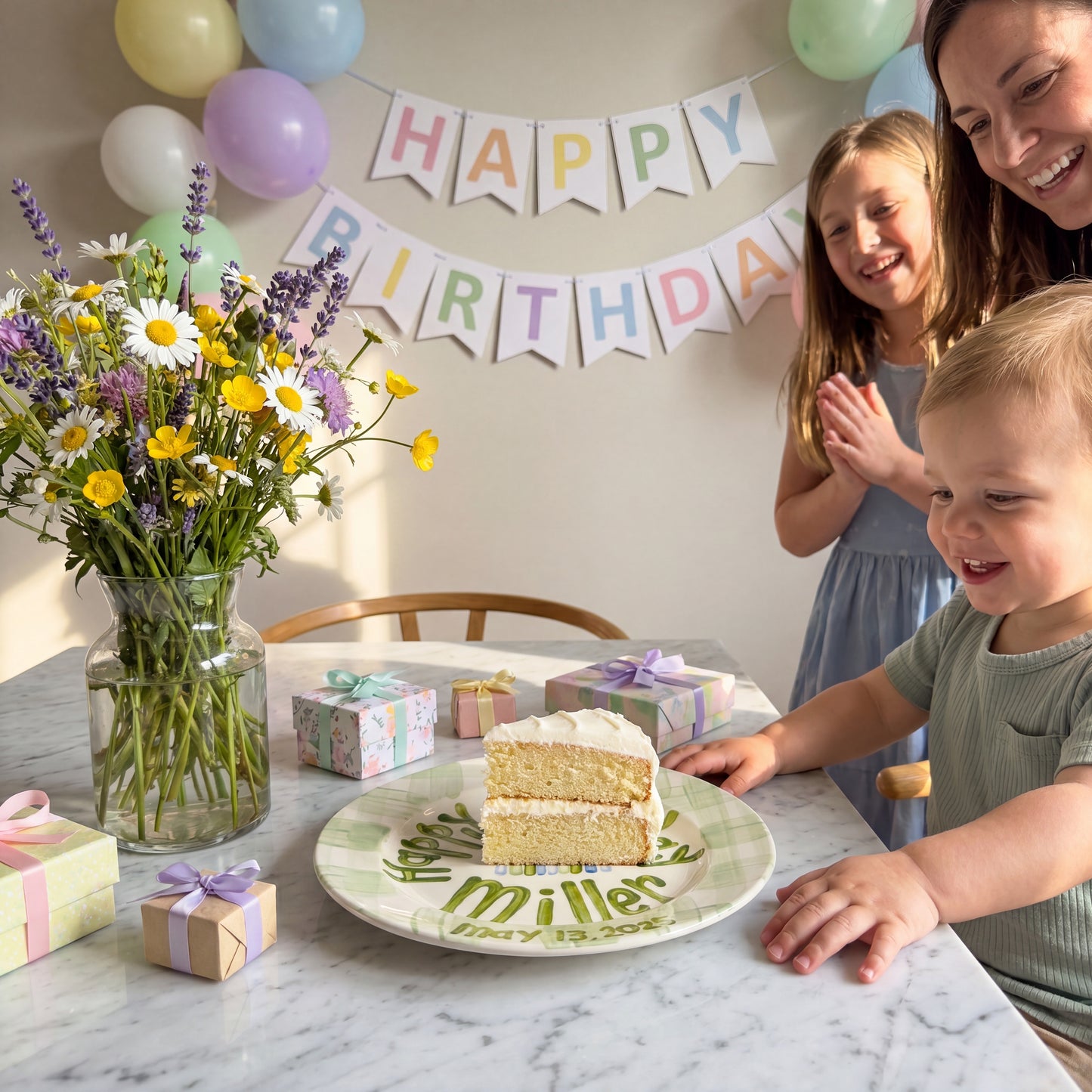Personalized Birthday Plate Green Gingham Hand-Painted Ceramic | BHL003