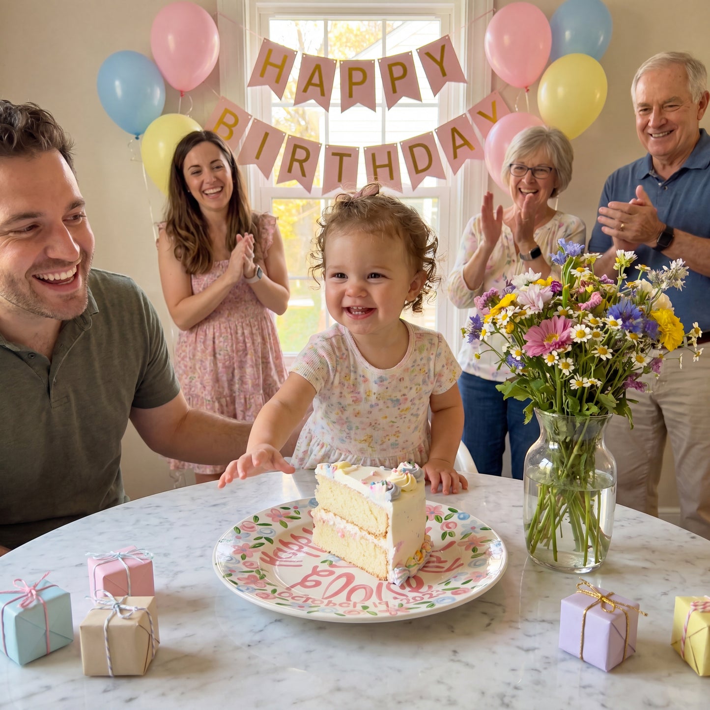 Personalized Birthday Plate – Pink Floral Cake & Garden Flower Border Design | BHL008