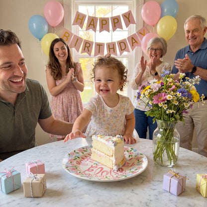 Personalized Birthday Plate – Pink Floral Cake & Garden Flower Border Design | BHL008