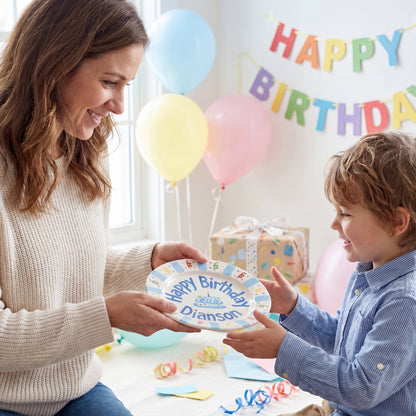 Personalized Birthday Plate – Blue Cake & Party Streamers Design | B072