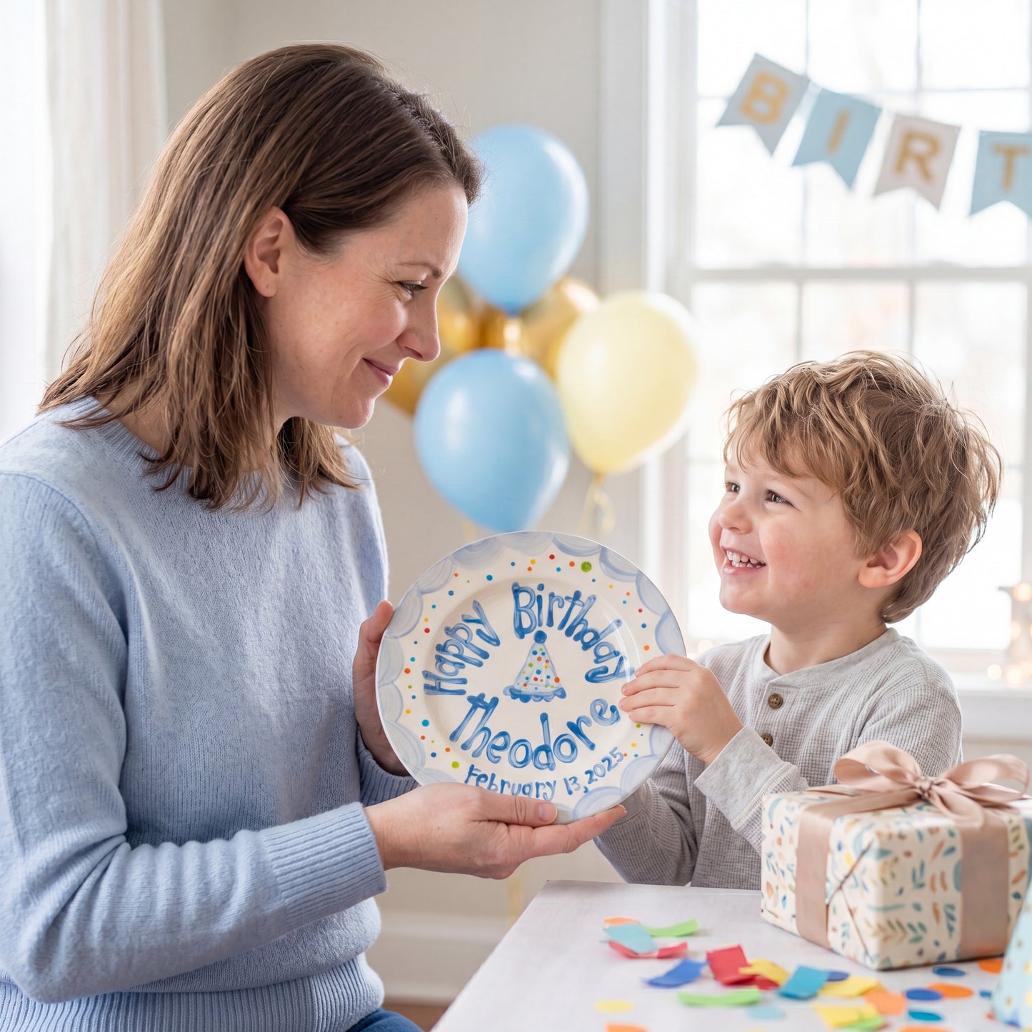 Custom Hand-Painted Ceramic Boy's Birthday Plate Party Hat & Colorful Dots | BHL002