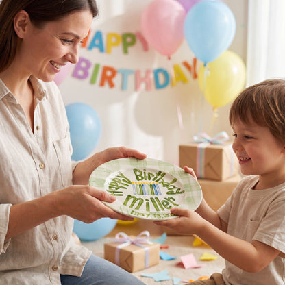 Personalized Birthday Plate Green Gingham Hand-Painted Ceramic | BHL003