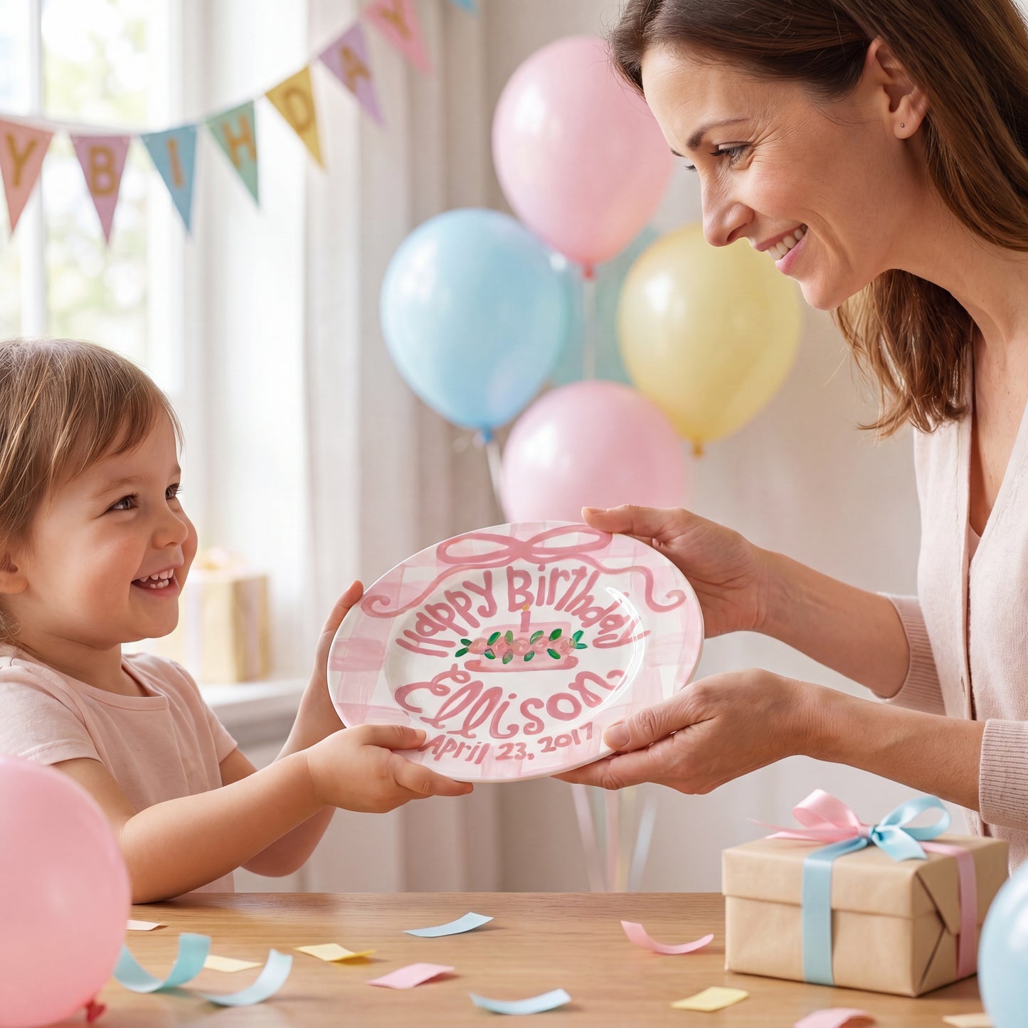 Personalized Birthday Plate – Pink Gingham Bow & Floral Cake Design | BHL006