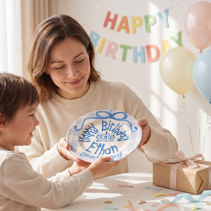 Personalized Birthday Plate – Blue Gingham Bow & Blue Cake Design | BHL007