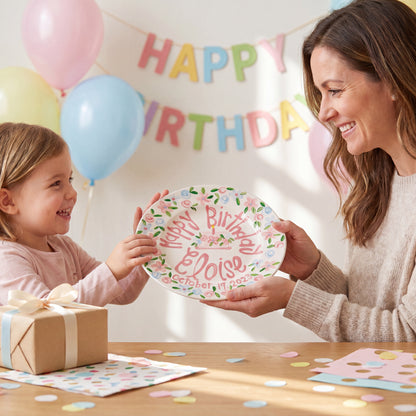 Personalized Birthday Plate – Pink Floral Cake & Garden Flower Border Design | BHL008