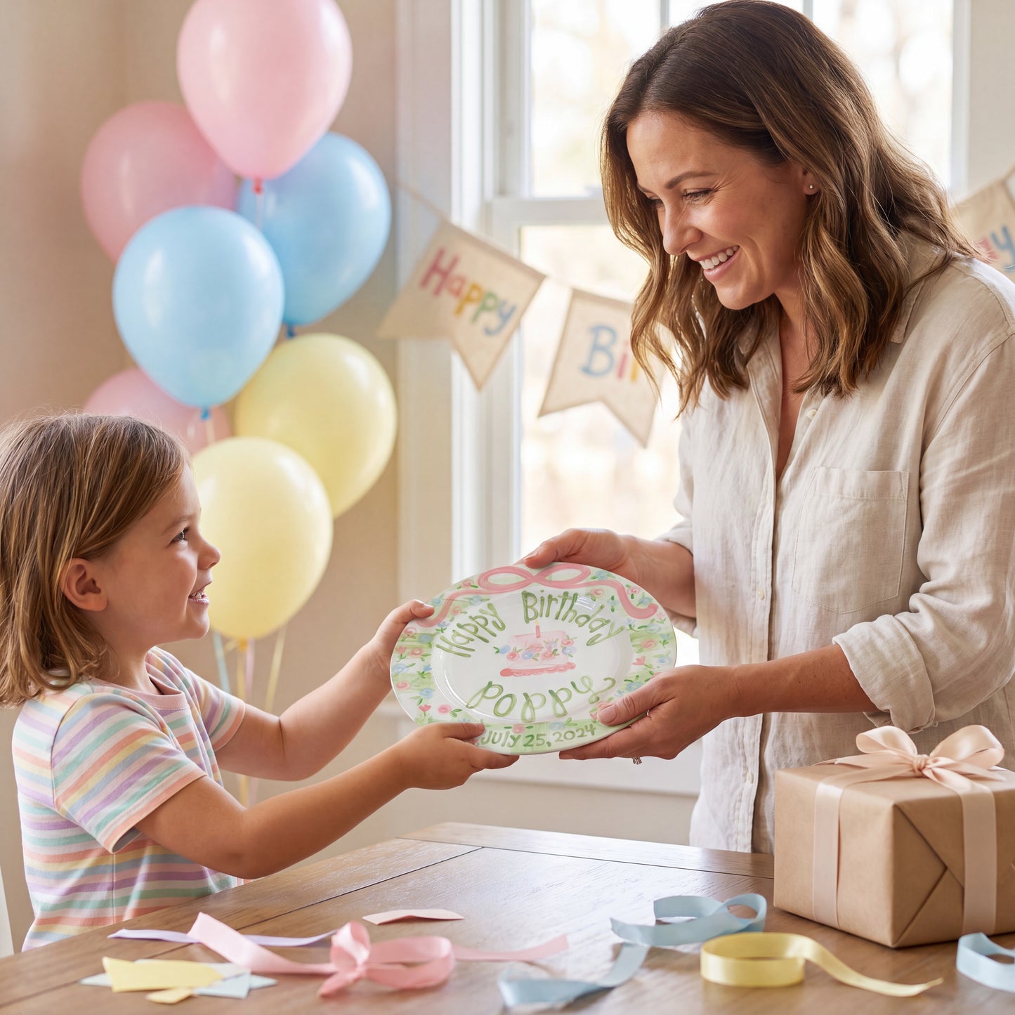 Personalized Birthday Plate – Green Gingham Pink Bow & Floral Cake Design | BHL009