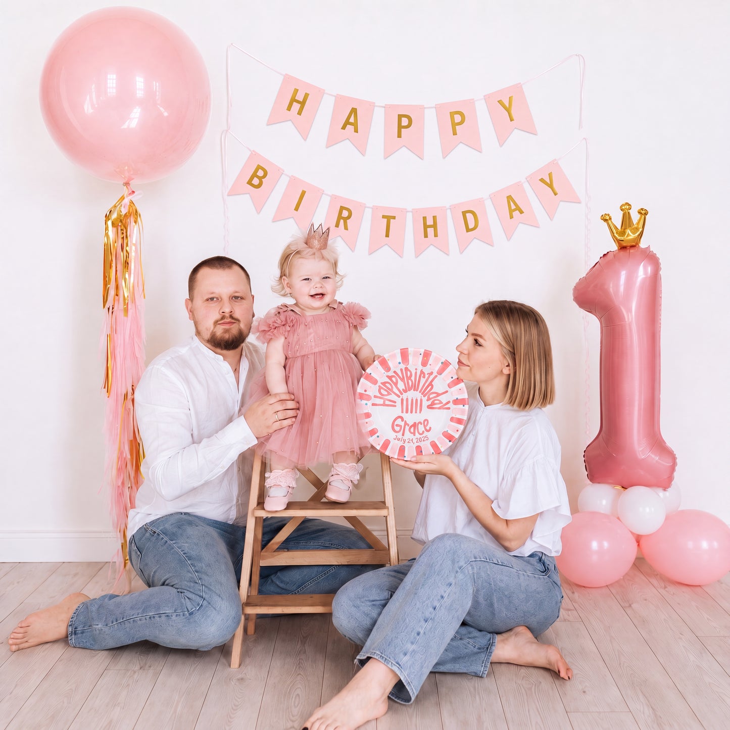 Personalized Birthday Plate – Pink Striped Border, Colorful Polka Dots & Birthday Candles Design | B004