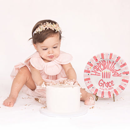 Personalized Birthday Plate – Pink Striped Border, Colorful Polka Dots & Birthday Candles Design | B004