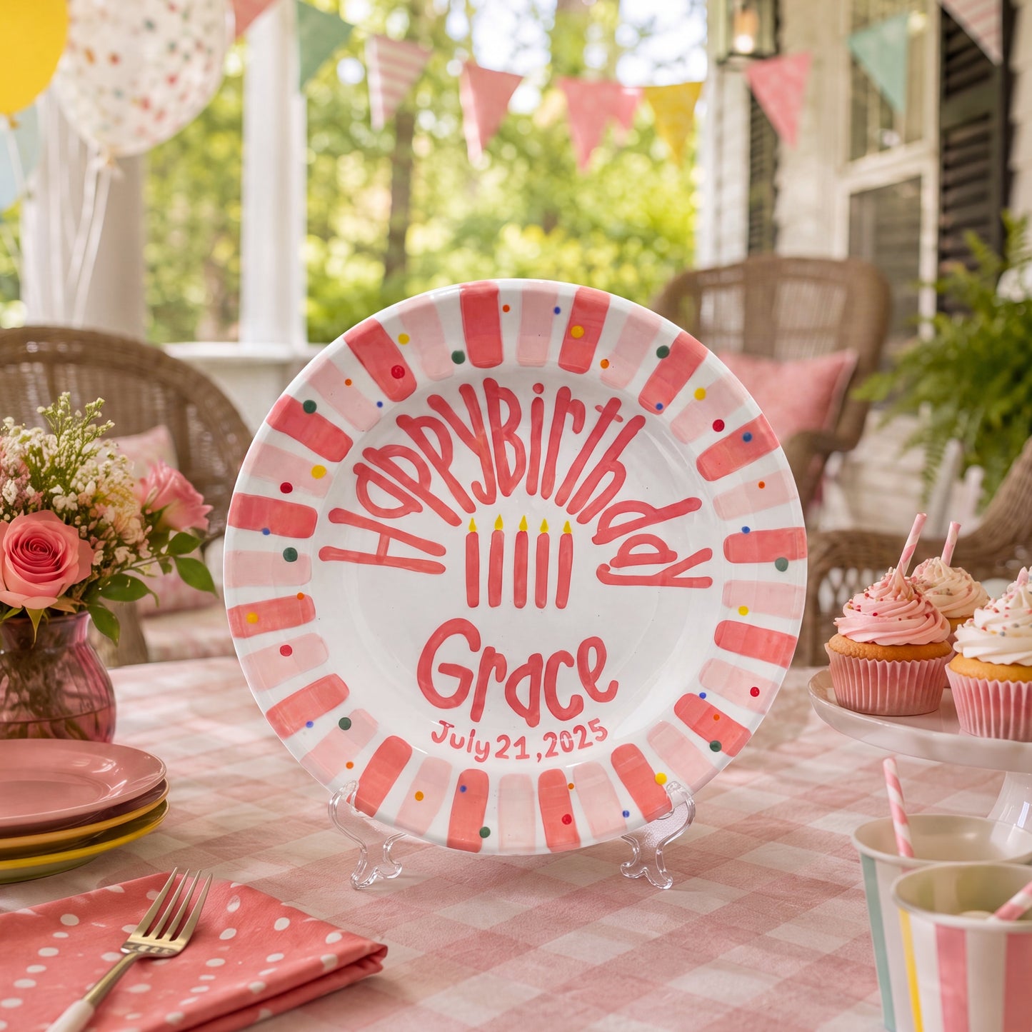Personalized Birthday Plate – Pink Striped Border, Colorful Polka Dots & Birthday Candles Design | B004