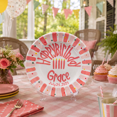 Personalized Birthday Plate – Pink Striped Border, Colorful Polka Dots & Birthday Candles Design | B004