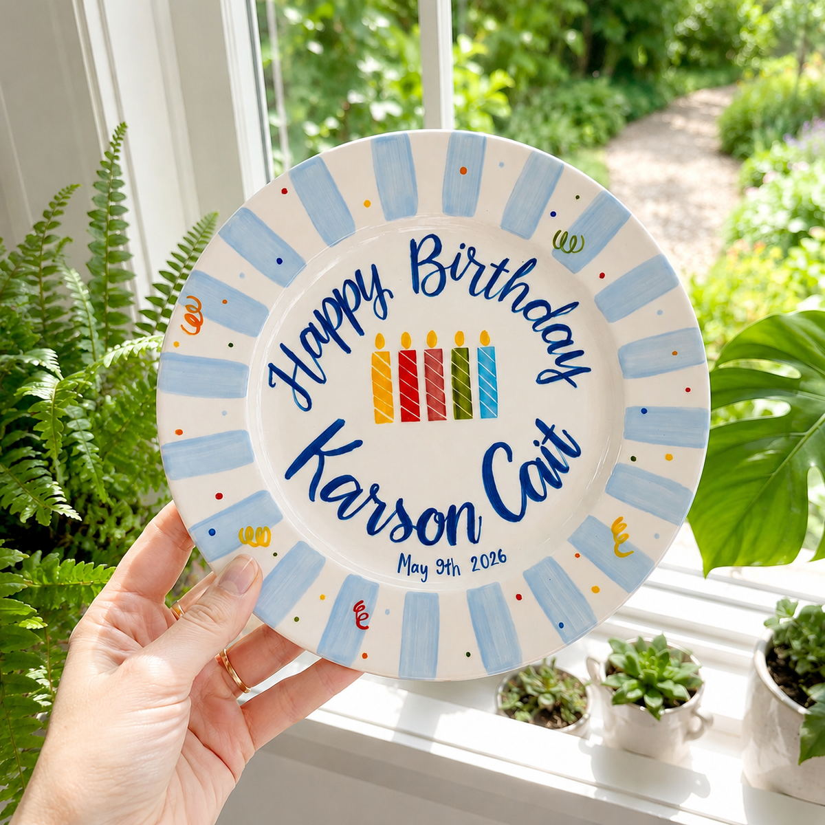 Personalized Birthday Plate – Light Blue Striped Border & Colorful Birthday Candles Design | BGI004