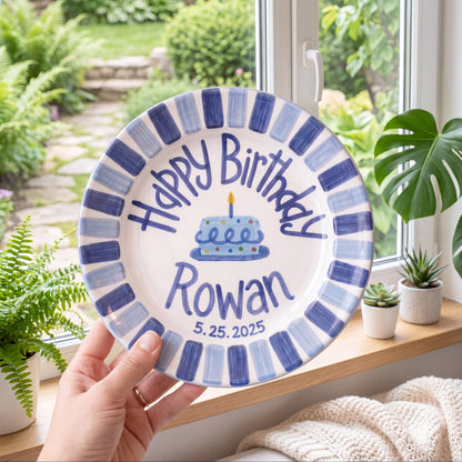 Personalized Birthday Plate – Blue Striped Border & Polka Dot Cake Design | B017