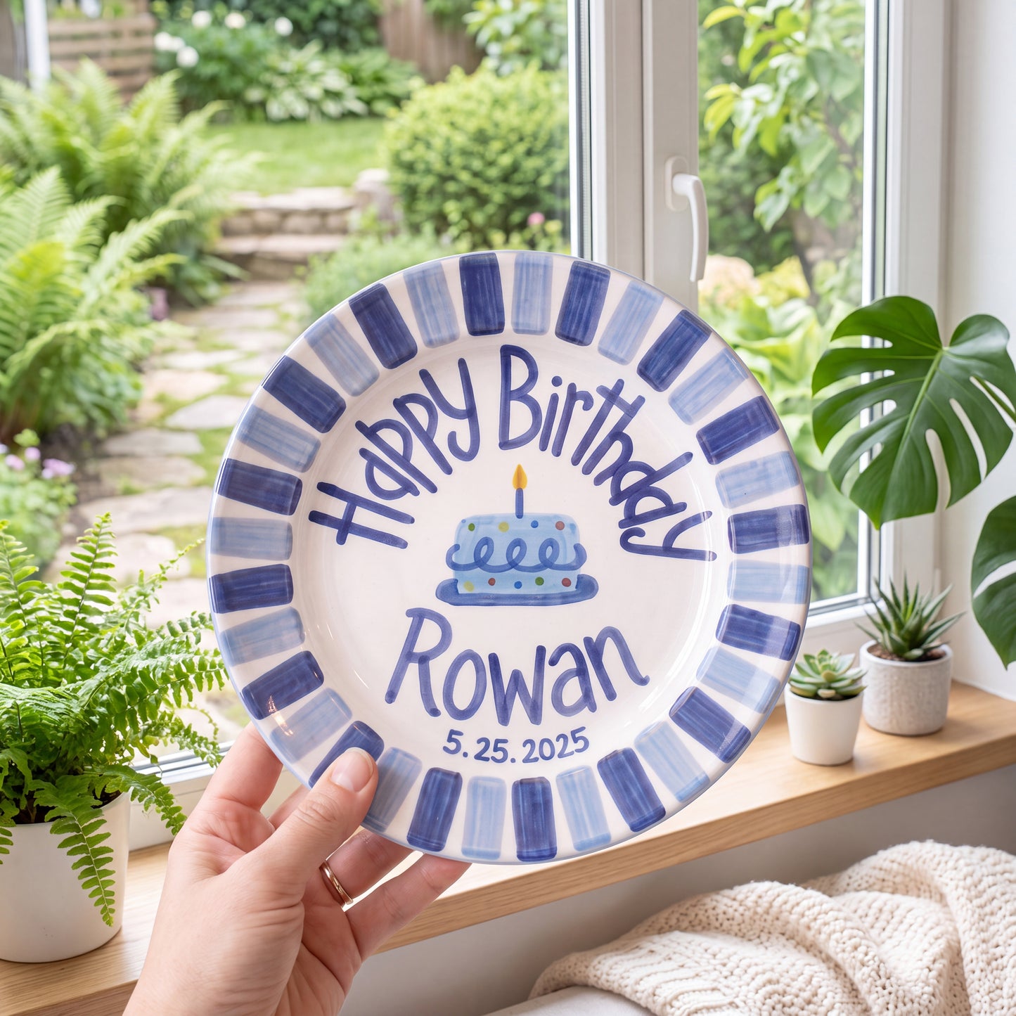 Custom Name Birthday Plate – Blue Stripe Border & Birthday Cake Design | B017