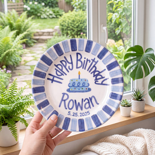 Personalized Birthday Plate – Blue Striped Border & Polka Dot Cake Design | B017