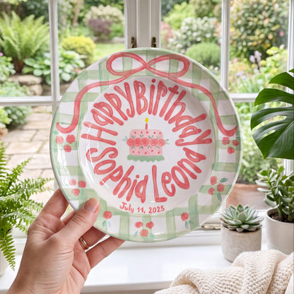 Personalized Birthday Plate – Green Gingham Bow & Rose Cake Design | B001