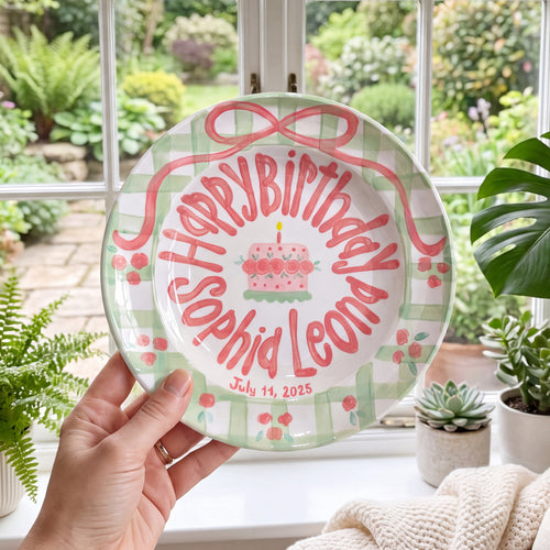 Personalized Birthday Plate – Green Gingham Bow & Rose Cake Design | B001