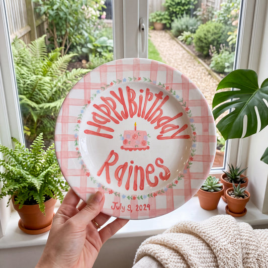 Personalized Birthday Plate – Pink Gingham Floral Wreath & Cake Design | B065