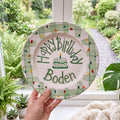 Personalized Birthday Plate – Green Gingham Border & Sprinkle Cake Design | B096