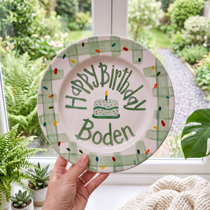 Personalized Birthday Plate – Green Gingham Border & Sprinkle Cake Design | B096