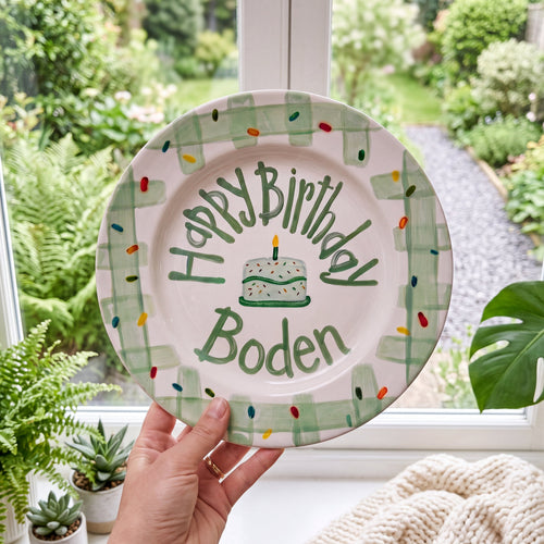 Personalized Birthday Plate – Green Gingham Border & Sprinkle Cake Design | B096