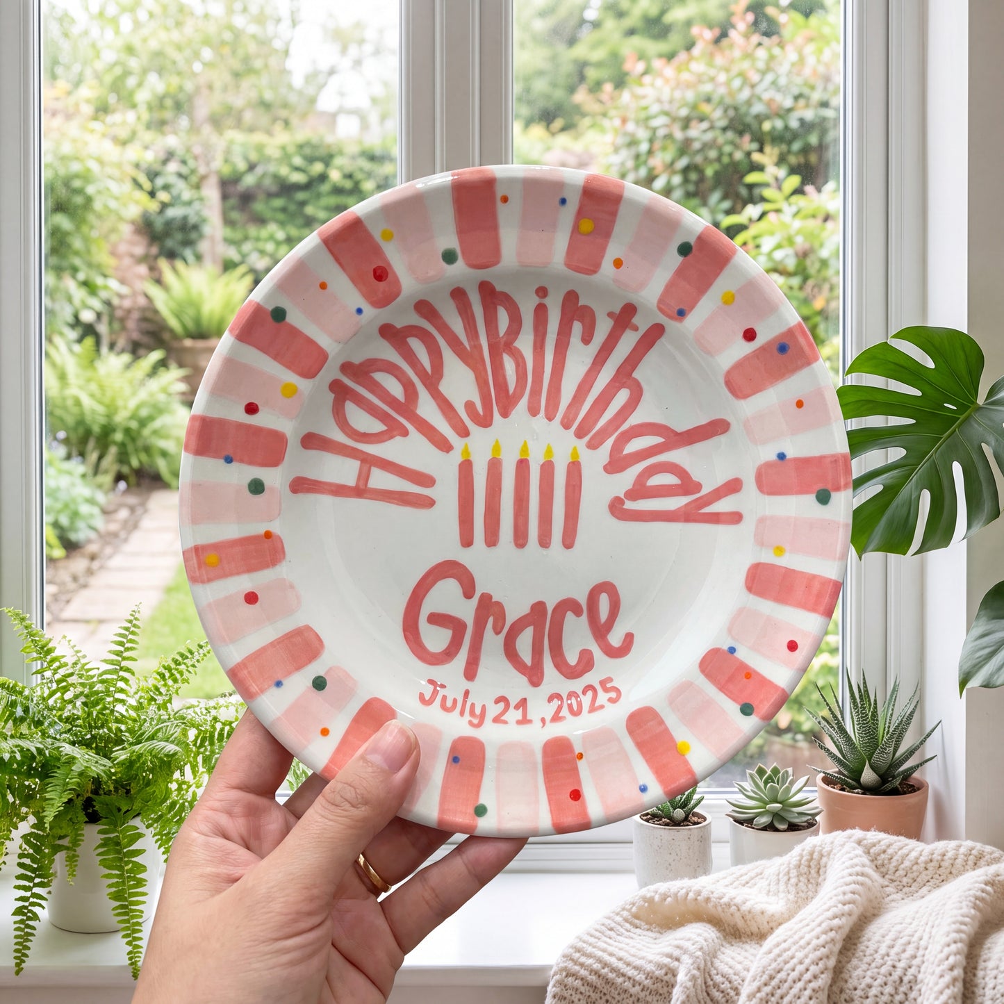 Personalized Birthday Plate – Pink Striped Border, Colorful Polka Dots & Birthday Candles Design | B004