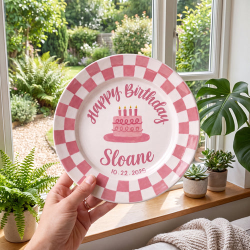 Personalized Birthday Plate – Custom Name with Pink Checkerboard Border & Pink Birthday Cake – Birthday Celebration | BGI003