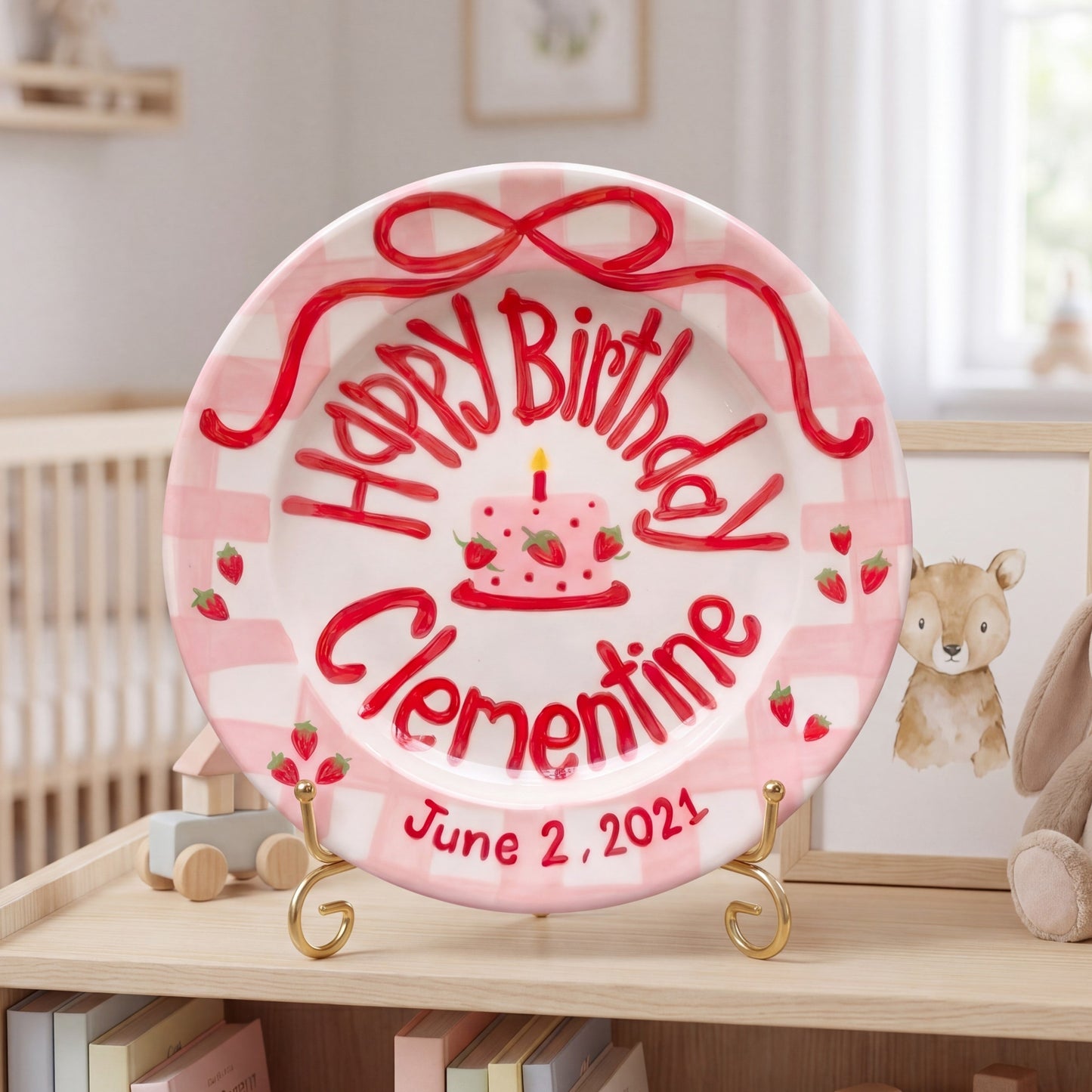 Personalized Birthday Plate – Pink Checkered Strawberry Cake & Bow Design | B071