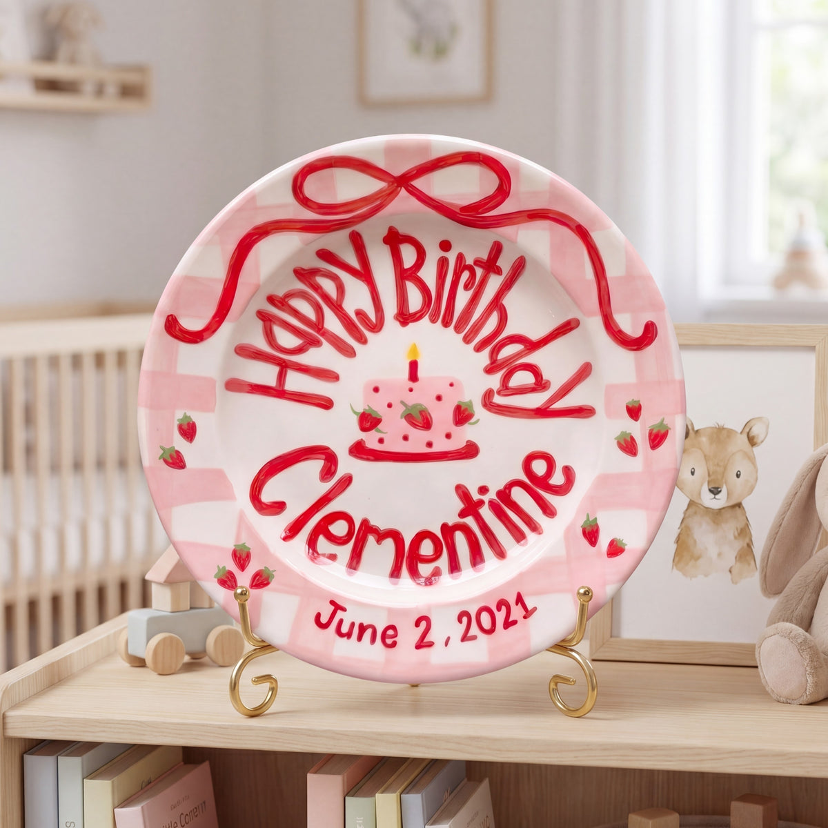 Custom Name Birthday Plate – Pink Gingham Strawberry Cake Design | B071