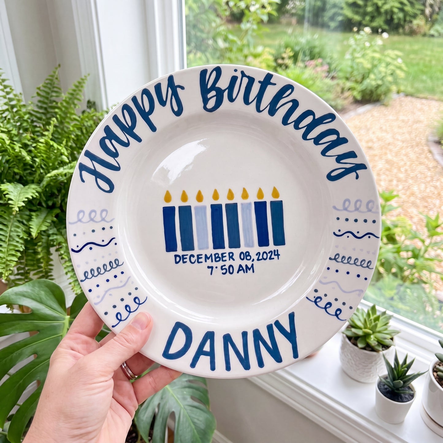 Personalized Birthday Plate – Custom Name, Birth Date & Time with Blue Candle Design – Birthday Gift | BGI007