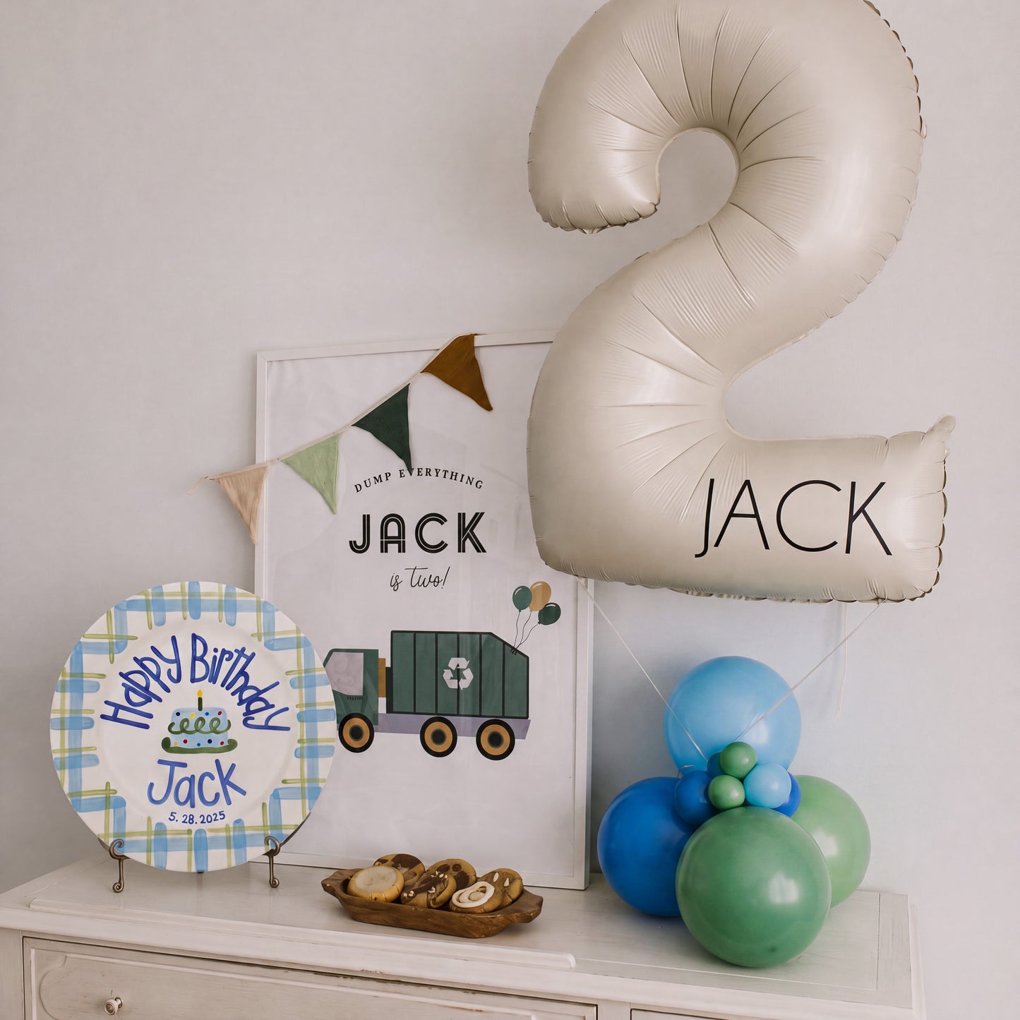 Personalized Blue Green Birthday Plate, Custom Ceramic Birthday Dish, Plaid Cake Plate, Boys Birthday Tradition Heirloom Keepsake | B081