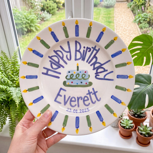 Blue and Green Candle Border Birthday Plate, Hand-Painted Cake Design, Custom Name Ceramic Keepsake, Toddler Gift | B016