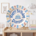 Custom Name Birthday Plate – Blue Stripe Border & Party Streamers Design | B072