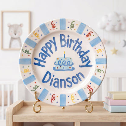 Personalized Birthday Plate – Blue Cake & Party Streamers Design | B072