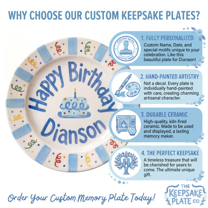 Personalized Birthday Plate – Blue Cake & Party Streamers Design | B072