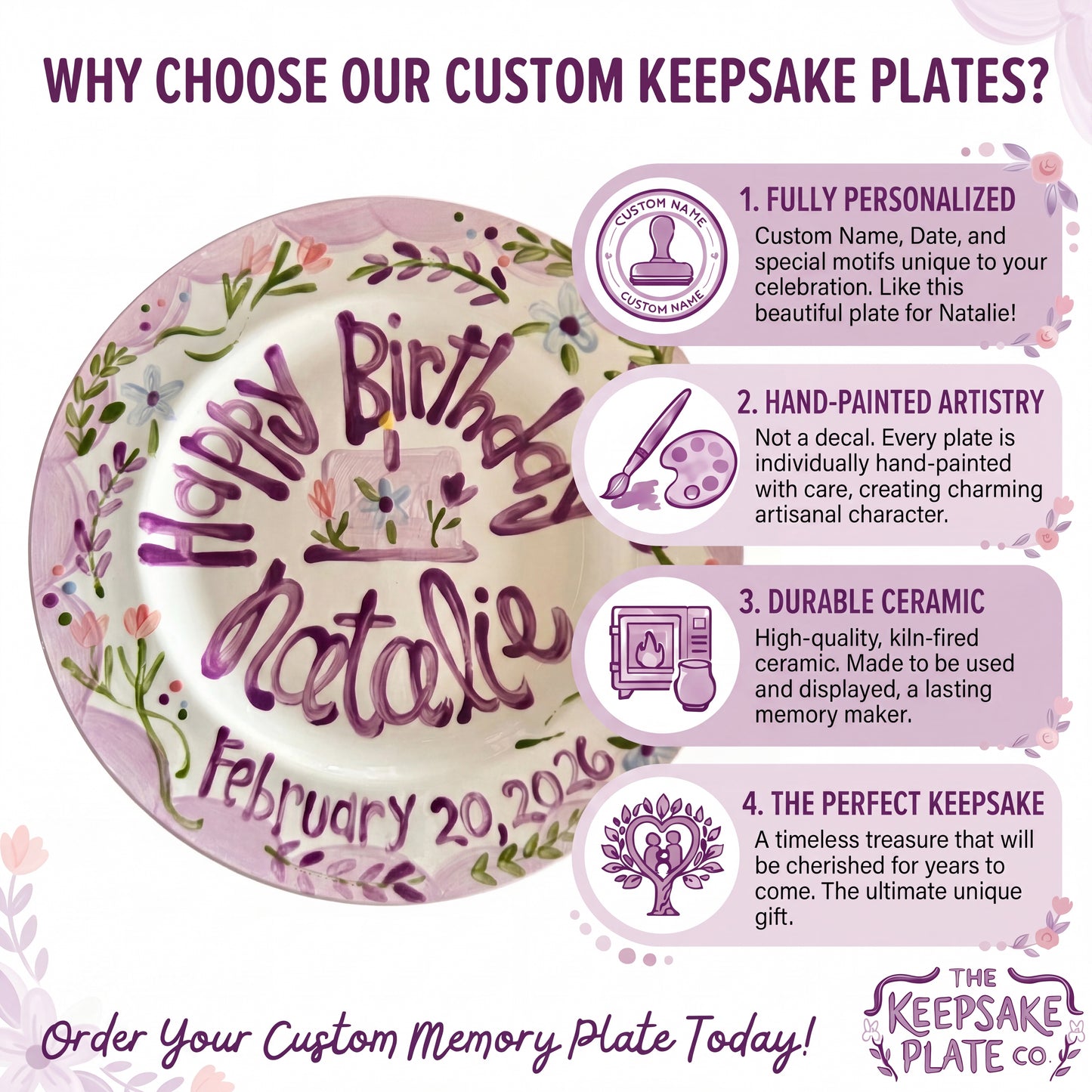 Custom Hand-Painted Birthday Plate Lavender Border Wildflowers, Heirloom Ceramic | BHL001