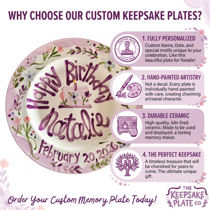 Custom Hand-Painted Birthday Plate Lavender Border Wildflowers, Heirloom Ceramic | BHL001