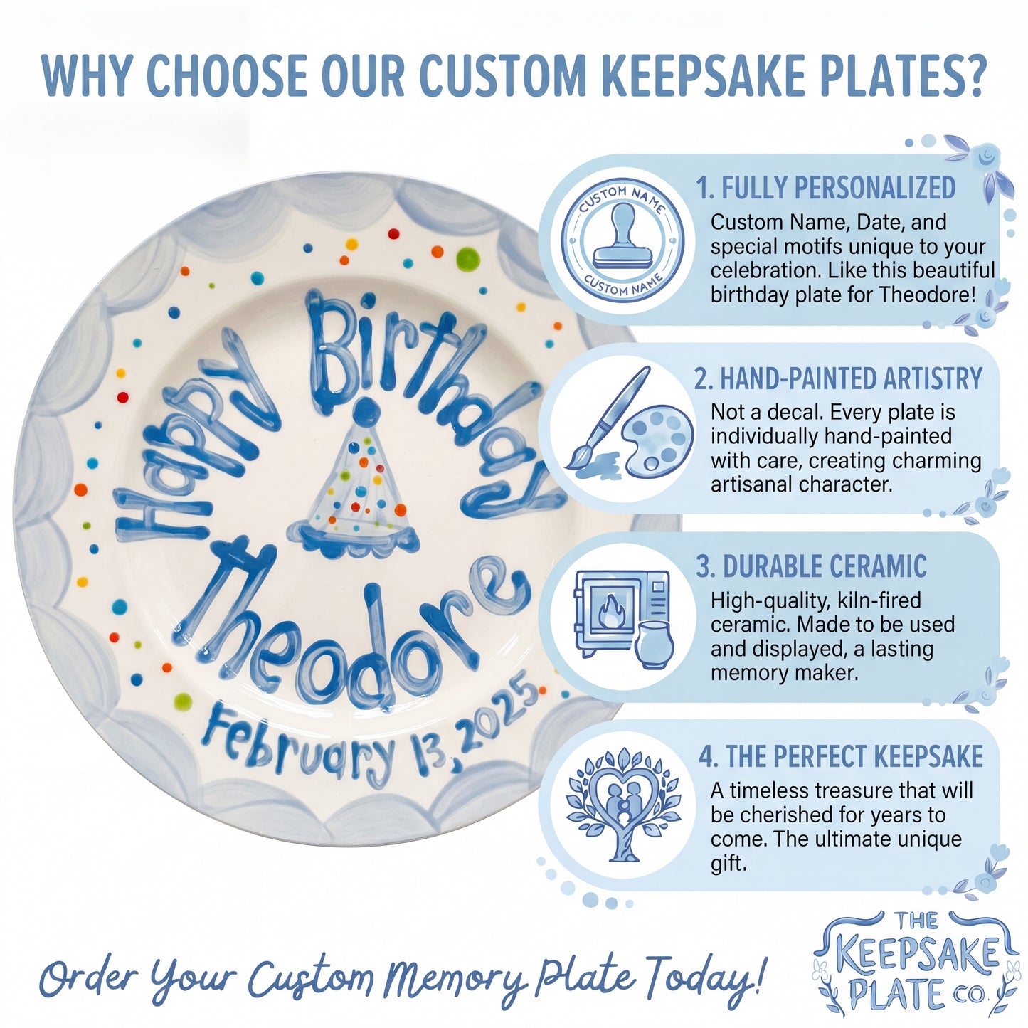 Custom Hand-Painted Ceramic Boy's Birthday Plate Party Hat & Colorful Dots | BHL002