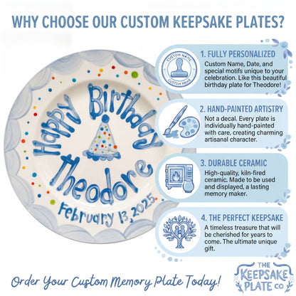Custom Hand-Painted Ceramic Boy's Birthday Plate Party Hat & Colorful Dots | BHL002