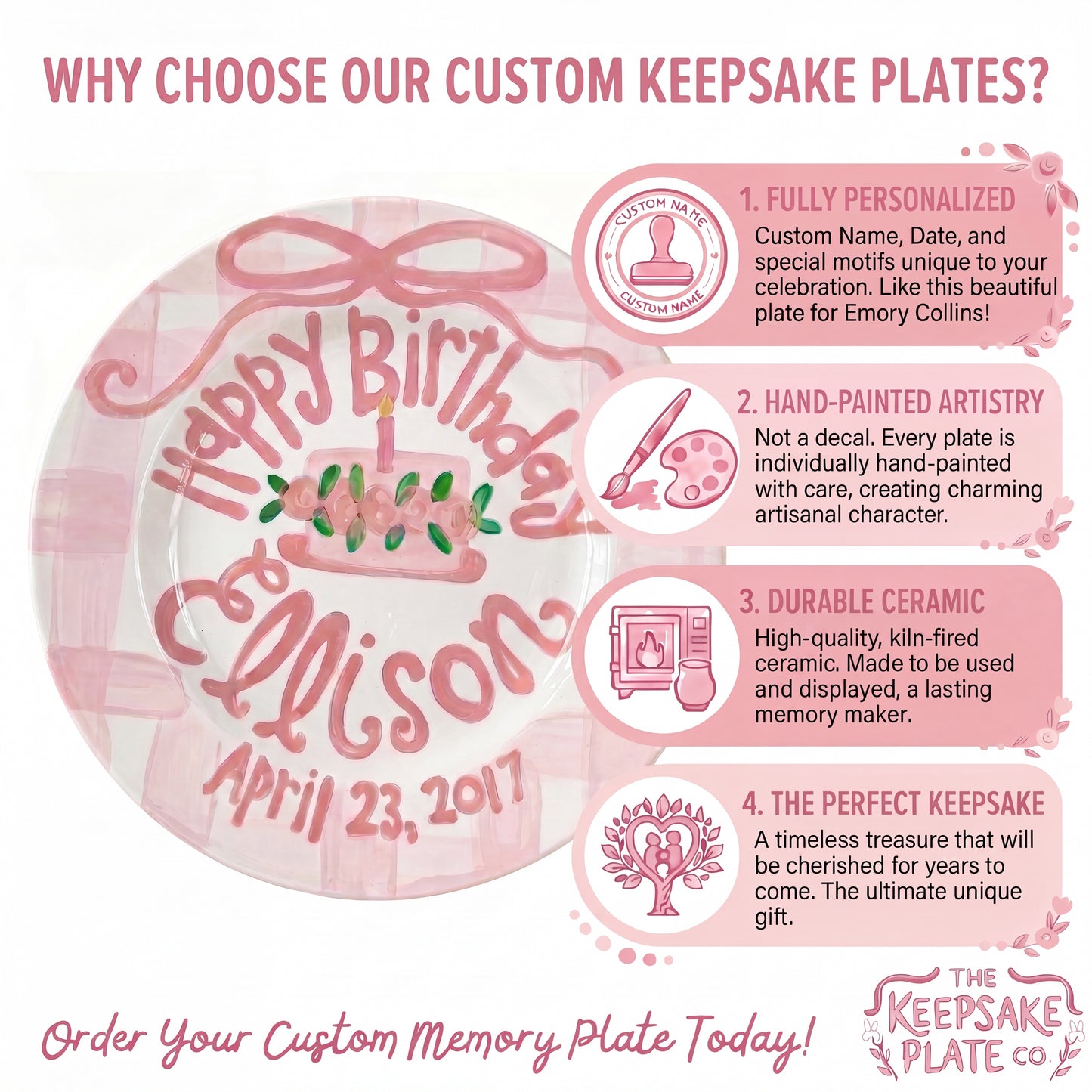 Personalized Birthday Plate – Pink Gingham Bow & Floral Cake Design | BHL006