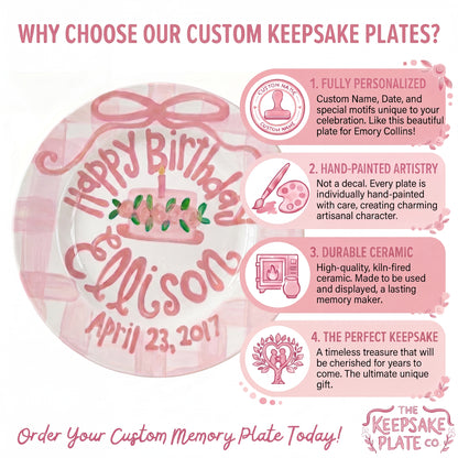 Personalized Birthday Plate – Pink Gingham Bow & Floral Cake Design | BHL006