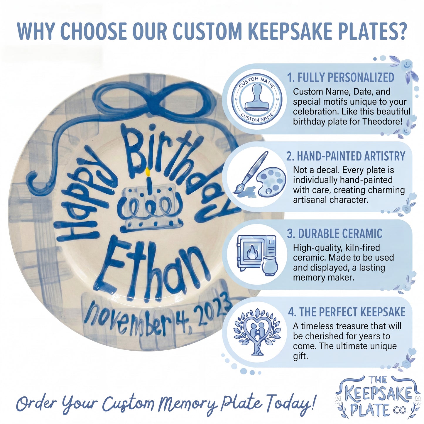 Personalized Birthday Plate – Blue Gingham Bow & Blue Cake Design | BHL007