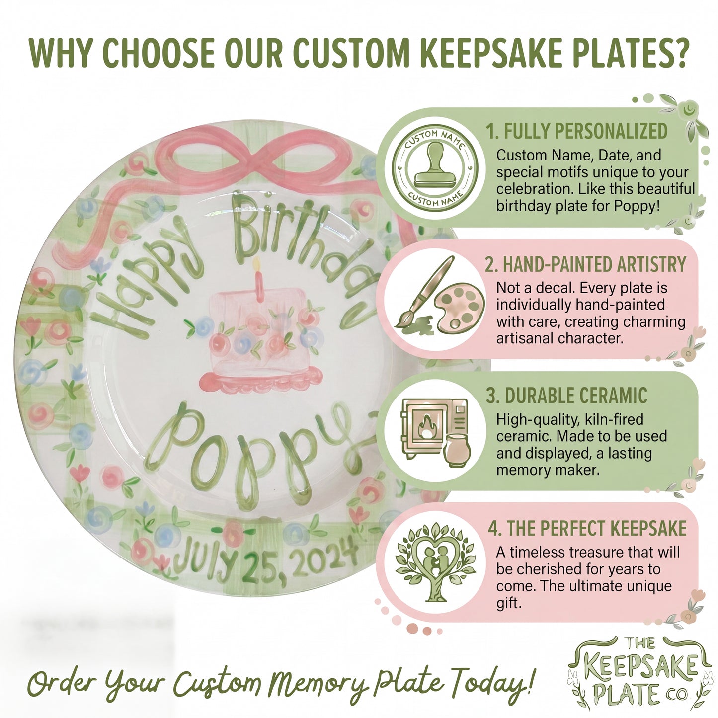 Personalized Birthday Plate – Green Gingham Pink Bow & Floral Cake Design | BHL009