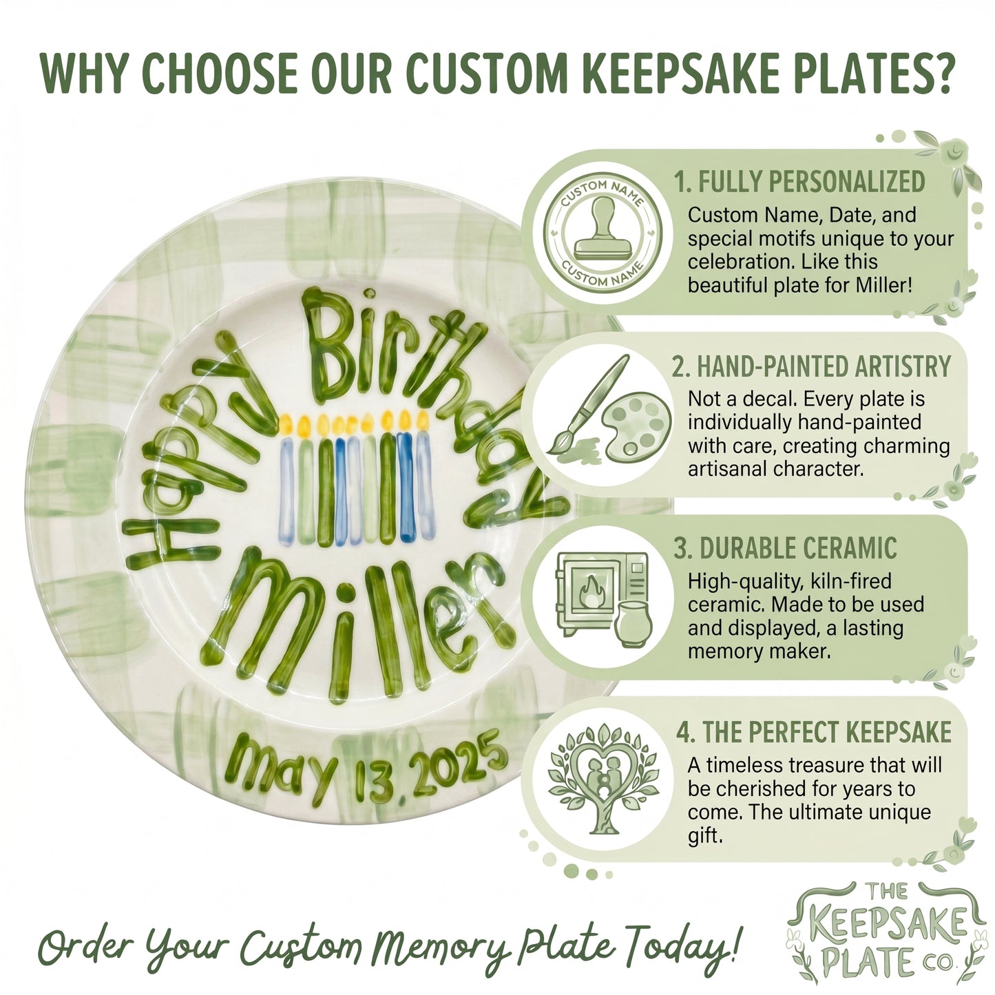 Personalized Birthday Plate Green Gingham Hand-Painted Ceramic | BHL003
