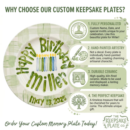 Personalized Birthday Plate Green Gingham Hand-Painted Ceramic | BHL003