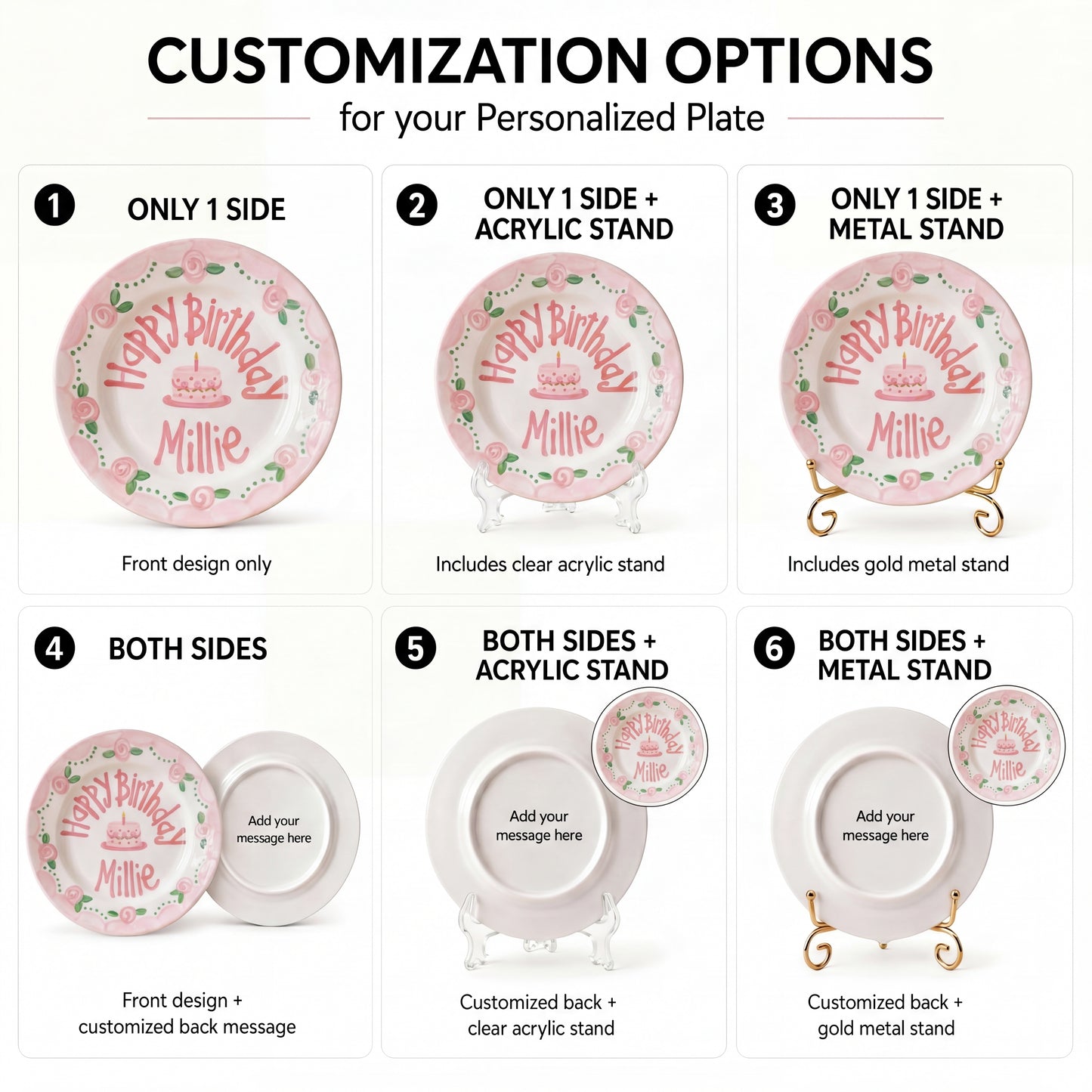 Personalized Birthday Plate – Pink Rose Garland & Cake Design | B063